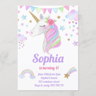 Unicorn Head Guld Rainbow Glitter Girl Birthday Inbjudningar