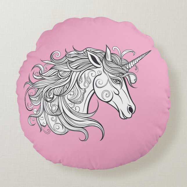 Unicorn Head Teckning (ROSA BGRD) Rund Kudde (Framsidan)