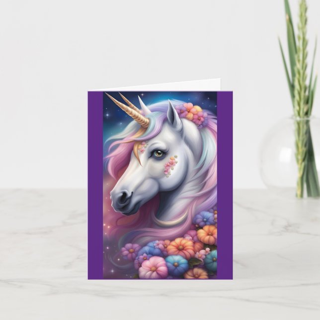 Unicorn Head with Flowers Birday Greeting Card Kort (Framsida)