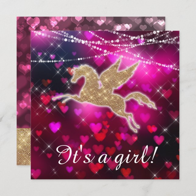 Unicorn Hearts Rosa Flicka Shower-inbjudan Inbjudningar (Fram/baksida)