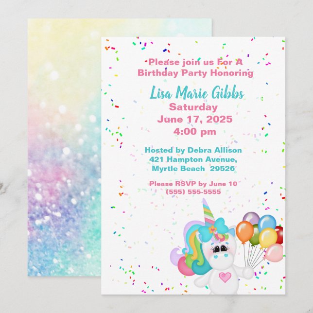 Unicorn Holding Balloons Birthday Inbjudningar (Fram/baksida)