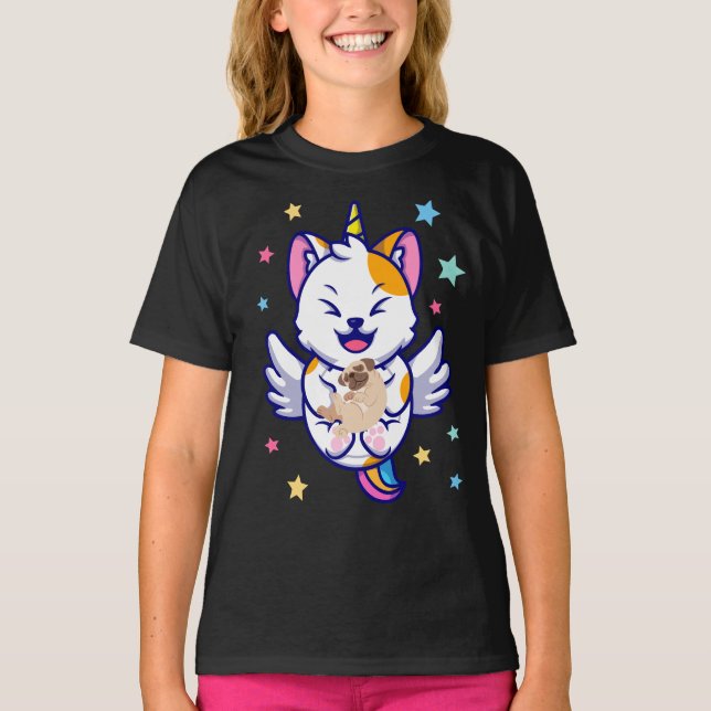 Unicorn Holding Hund Pug Kawaii Anime Girl T Shirt (Framsida)