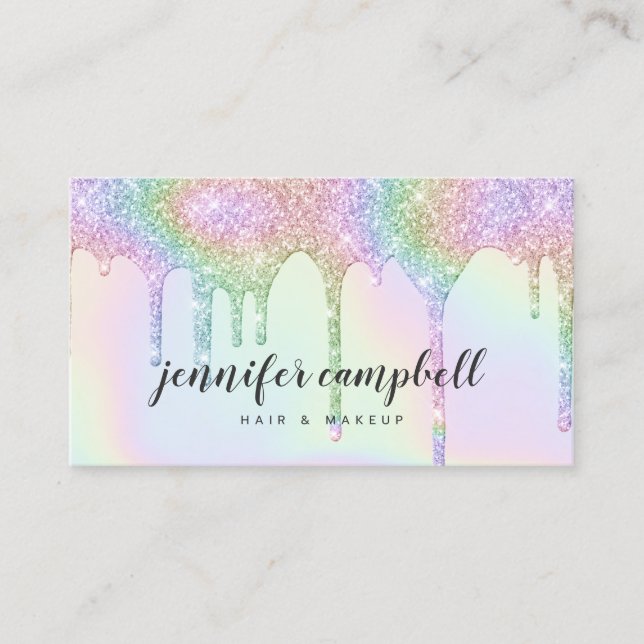 Unicorn holoGraphics glitter drops glam makeup hai Visitkort (Framsida)