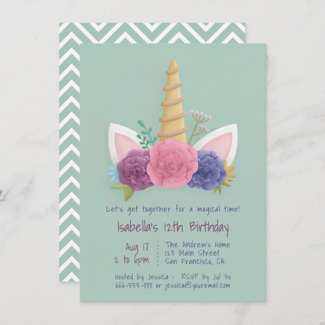 Unicorn Horn Vår Blommigt Flick kalas Inbjudningar (Fram/baksida)