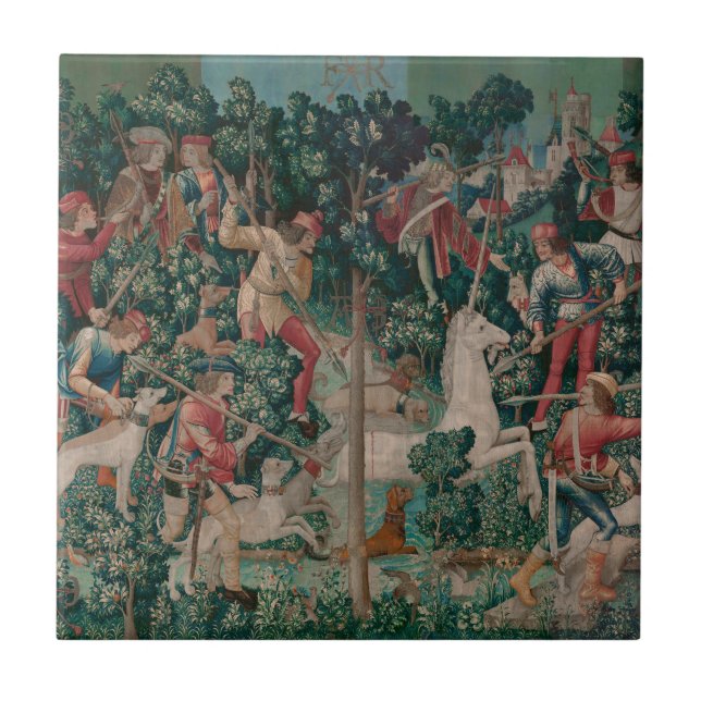 Unicorn Hunt Medieval Art - Unicorn attackeras Kakelplatta (Framsidan)