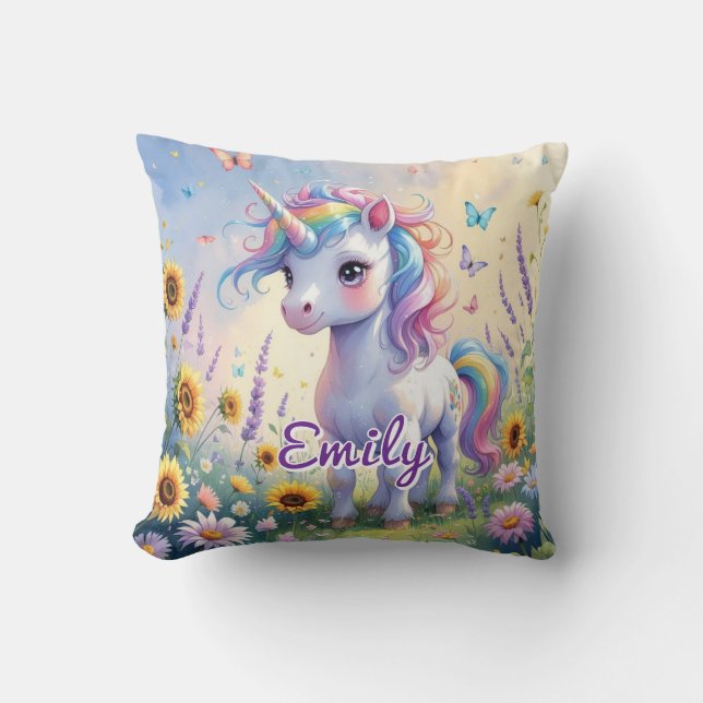 Unicorn i Blomsterträdgård Editable Square Pillow Kudde (Framsida)