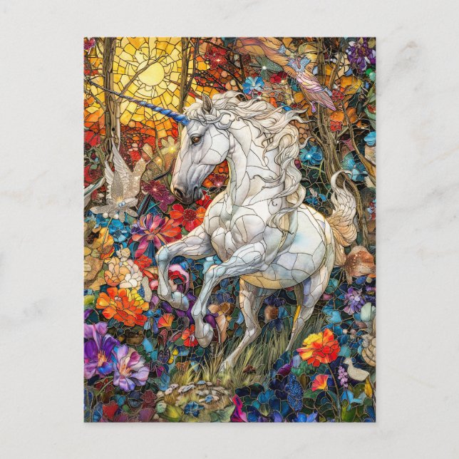 Unicorn i Blomsterträdgård Vykort (Framsida)
