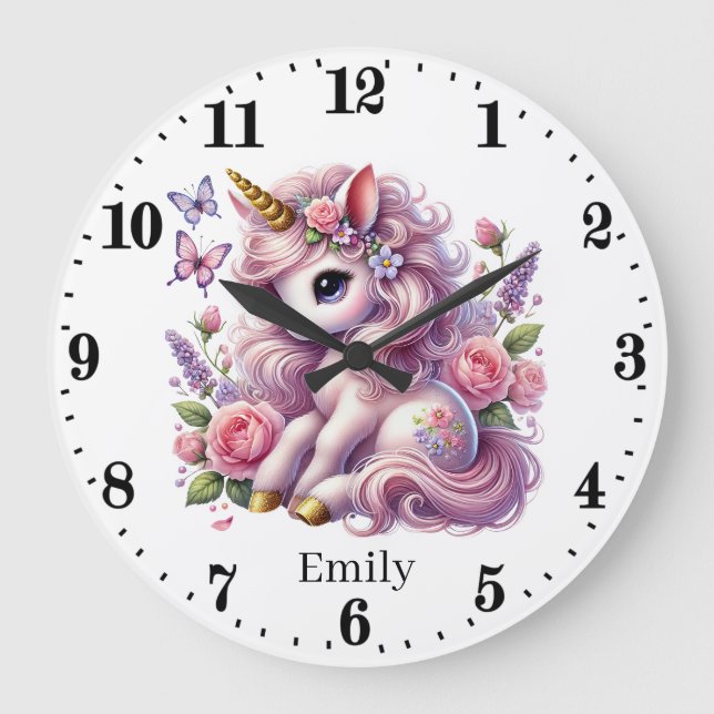 Unicorn i Cute flicka Stor Klocka (Framsida)