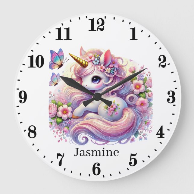Unicorn i Cute flicka Stor Klocka (Framsida)