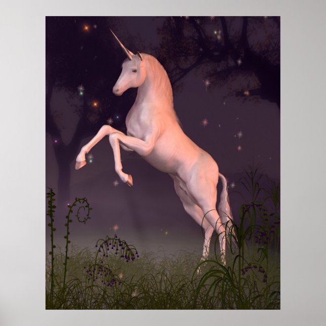 Unicorn i en Moonlit Forest Glade Poster (Framsidan)