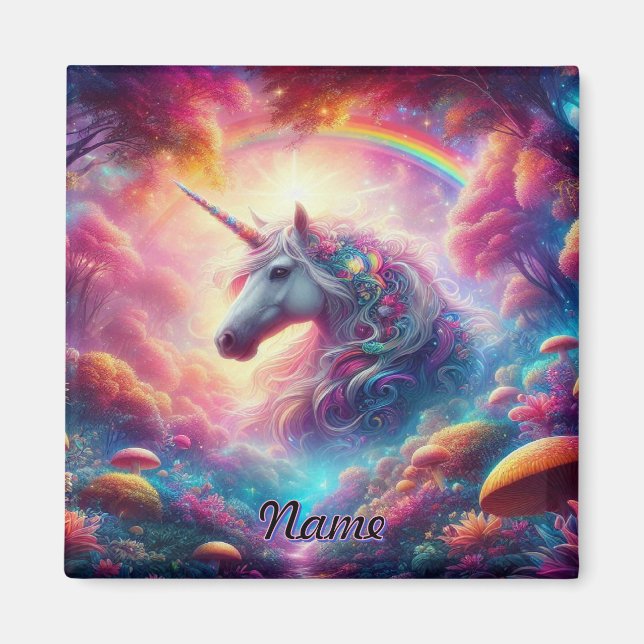 Unicorn i en Vibrant Fantasy Forest Magnet (Framsidan)