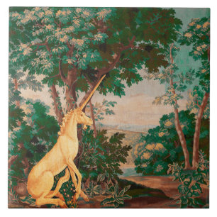 UNICORN I GRÖNT WOODLAND LANDSCAPE,TRÄD,GREENERY KAKELPLATTA