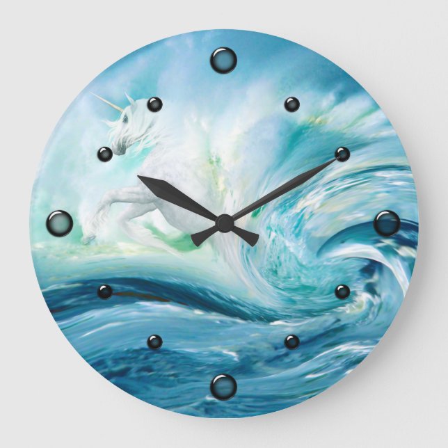 Unicorn i Ocean Vågar Wall Clock Stor Klocka (Framsida)