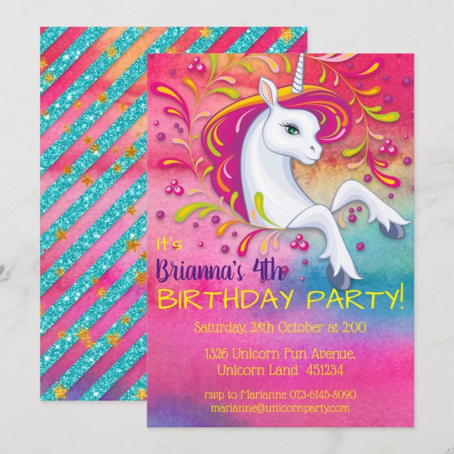 Unicorn i Rainbow Cloud Birthday Inbjudningar (Fram/baksida)