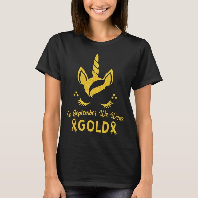 Unicorn i september vi Bära Guld barncancer T Shirt (Framsida)