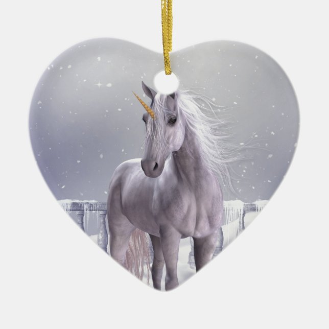 Unicorn i Snö Julgransprydnad Keramik (Framsidan)
