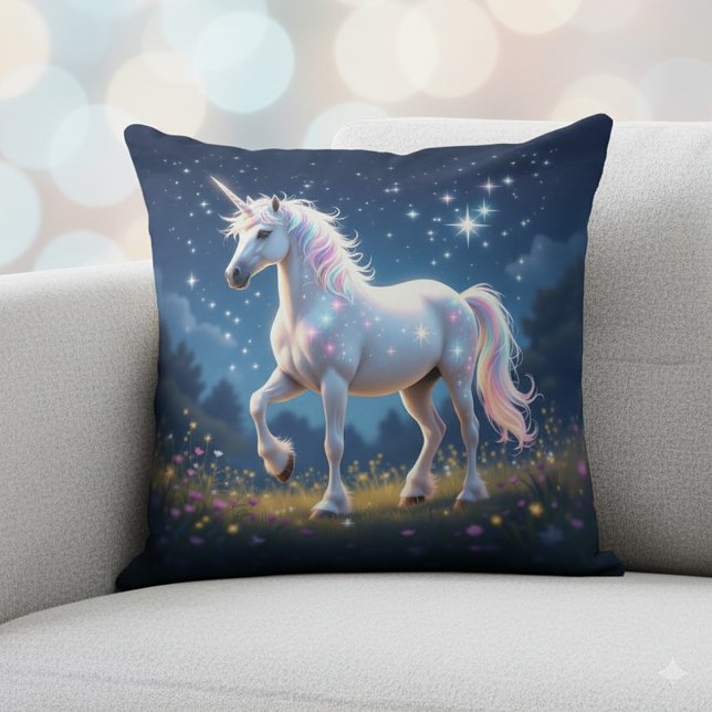 Unicorn i Starlit Wildblomme Meadow på natten Kudde (Unicorn in Starlit Wildflower Meadow at Night Throw Pillow Cover Photo)