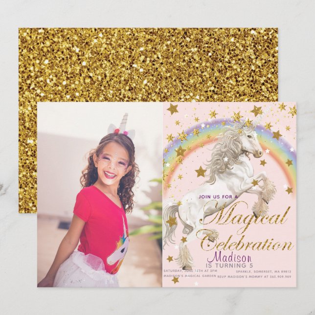 Unicorn Illustration Party Magic Birthday Photo Inbjudningar (Fram/baksida)