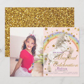 Unicorn Illustration Party Magic Birthday Photo Inbjudningar