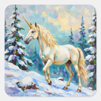 Unicorn in Winter Fyrkantigt Klistermärke