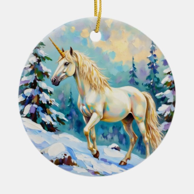Unicorn in Winter Julgransprydnad Keramik (Framsidan)
