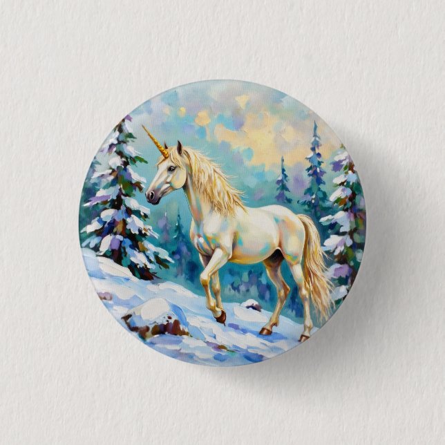 Unicorn in Winter Knapp (Framsida)