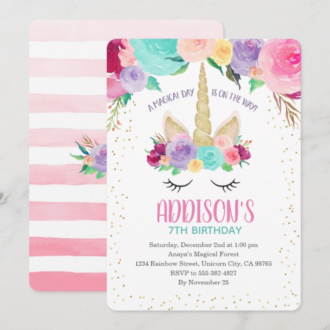 Unicorn-inbjudan 1:a födelsedag, babydusch inbjudningar (Fram/baksida)