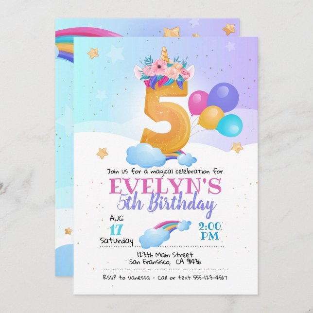 Unicorn-inbjudan, Unicorn 5:e födelsedagen Inbjudningar (Fram/baksida)