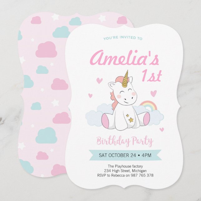 Unicorn-inbjudningar, Unicorn-födelsedagsinbjudnin Inbjudningar (Fram/baksida)