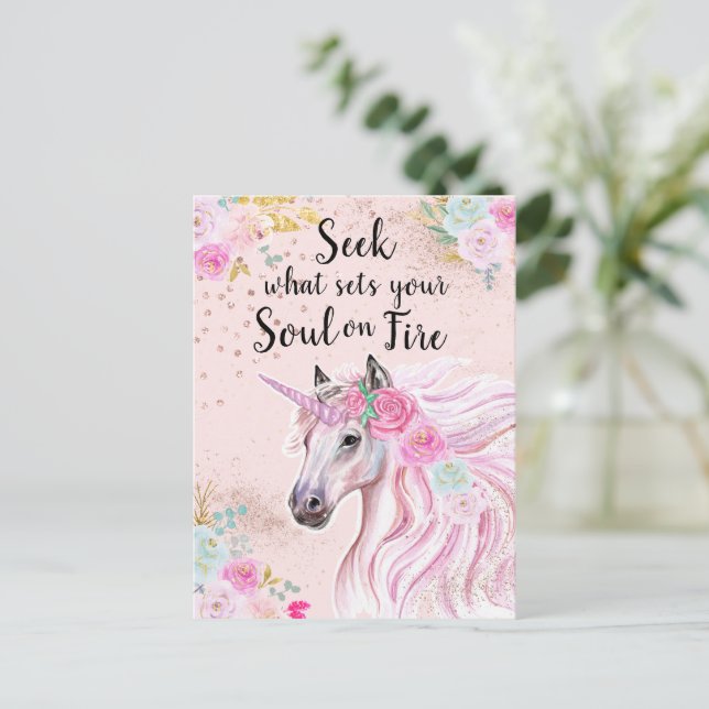 Unicorn Inspirational Rosa Guld Glitter citat Vykort (Stående Fram)