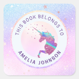 Unicorn Iridescent Rosa Blue I Bok-Tillhören till Fyrkantigt Klistermärke