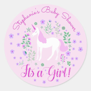 Unicorn its A Girl Rosa Baby Shower Personlig Runt Klistermärke