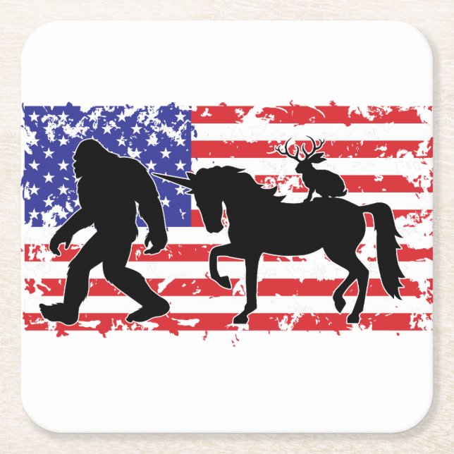 Unicorn, Jackalope, Bigfoot and the American Flag Underlägg Papper Kvadrat (Framsidan)