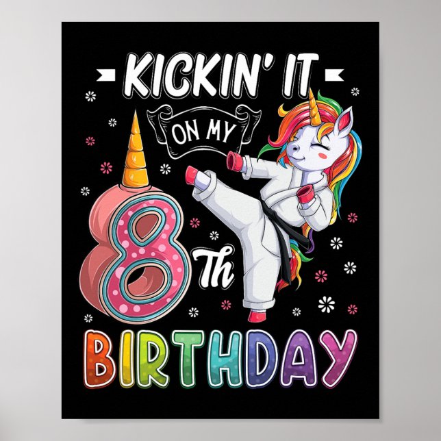 Unicorn Karate 8:e födelsedagen Åtta 8 års gammal  Poster (Framsidan)