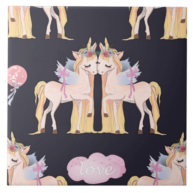 Unicorn Kärlek Blue Kakelplatta (Framsidan)