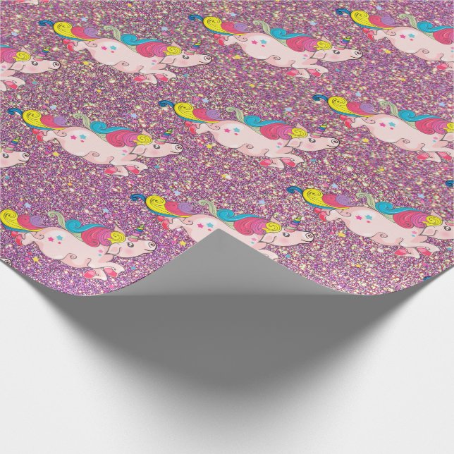 Unicorn Kawaii Rainbow Guld Lila Rosa Glitter Presentpapper (Hörn)