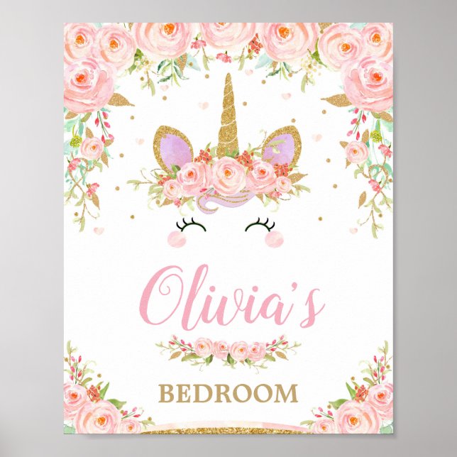 Unicorn Kids Bedroom Rosa Blommigt Wall Art Poster (Framsidan)
