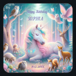 Unicorn, Kids, Birthday Custom Name/ DOB/Photo Fyrkantigt Klistermärke<br><div class="desc">Magiska sagor,  Unicorn och Djuren - eget namn från framsidan och baksidan av designen och gör den till din egen. Gör baby mellan barn och party magisk. Anpassat namn,  text ( grattis på födelsedagen),  datum och bild.</div>