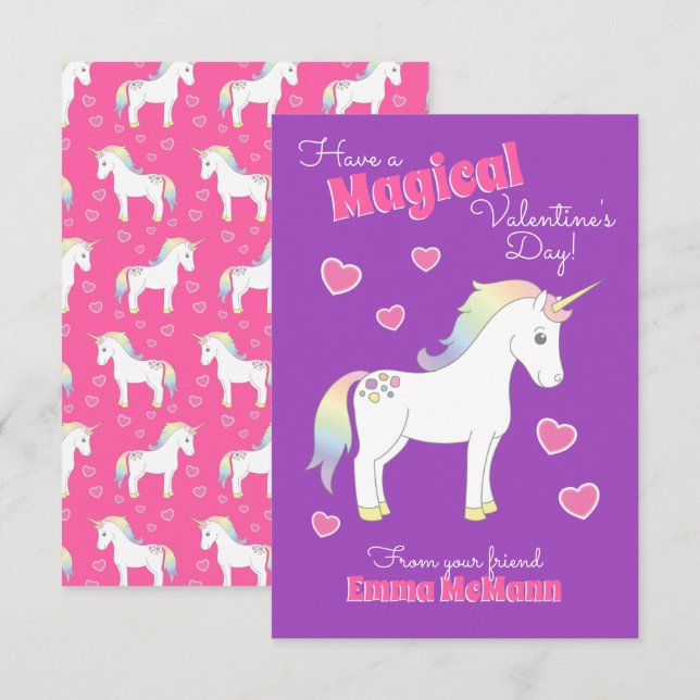 Unicorn Kids Classroom Valentine Cards Tack Kort (Fram/baksida)
