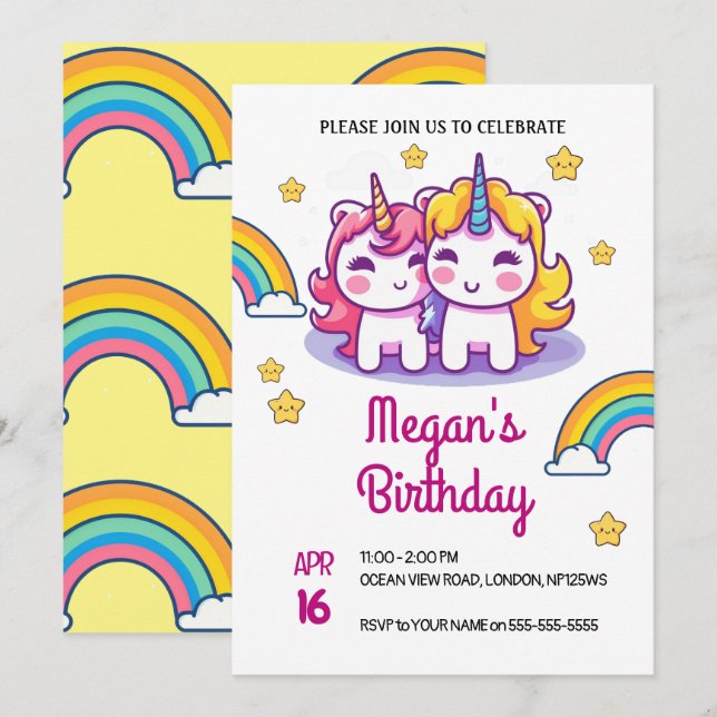 Unicorn Kids Cute Party födelsedag Inbjudningar (Fram/baksida)