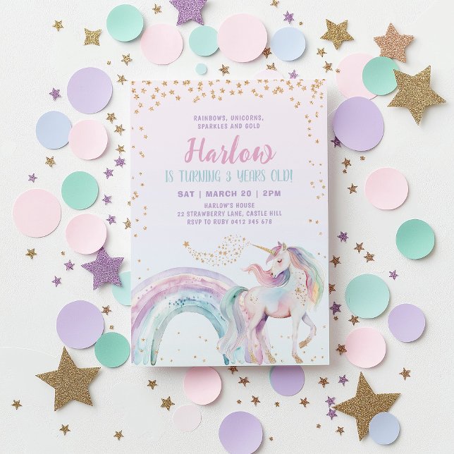 Unicorn Kids Pastel Rainbow Birthday Inbjudningar (Pastel Rainbow Unicorn Kid's Birthday Invitation in pink, purple, gold tones)