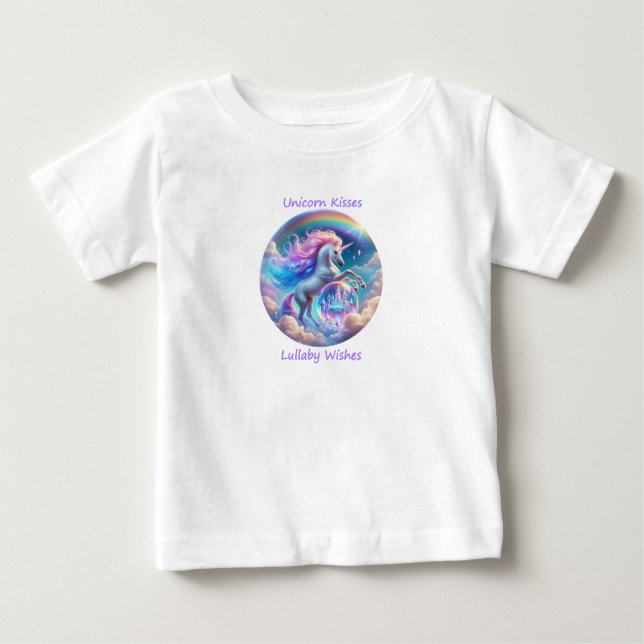 Unicorn Kisses Lullaby Wishes Rainbow Baby T-Shirt (Framsida)