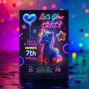 Unicorn Låt oss Glow Crazy Neon Födelsedagsfest Inbjudningar