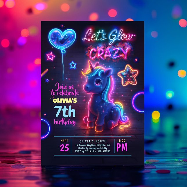 Unicorn Låt oss Glow Crazy Neon Födelsedagsfest Inbjudningar (Let's Glow Crazy Unicorn Birthday Invitation)