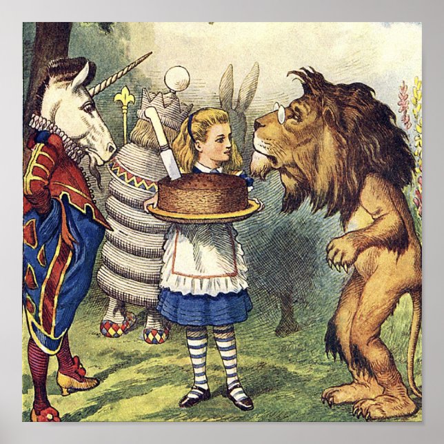 Unicorn Lejon och Alice i Wonderland Print Poster (Framsidan)