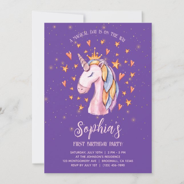 Unicorn Lila Cute Birthday-inbjudan Inbjudningar (Framsida)