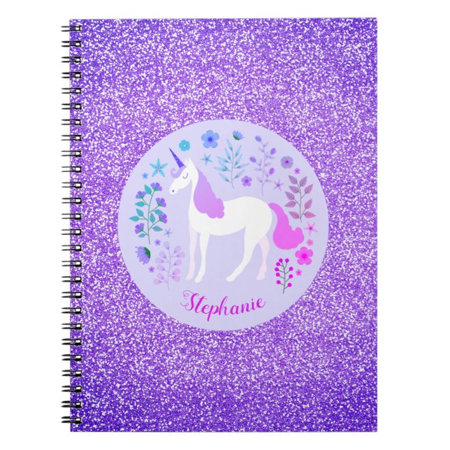 Unicorn Lila Glitter Personlig Namn Anteckningsbok (Framsidan)
