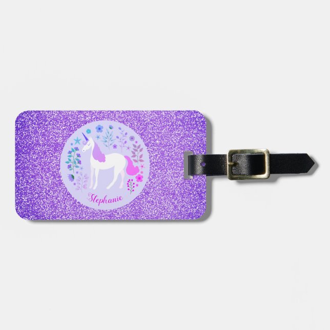 Unicorn Lila Glitter Personlig Namn Bagagebricka (Horisontell Framsida)