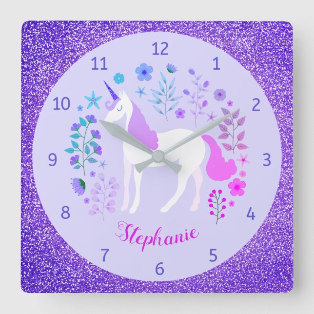 Unicorn Lila Glitter Personlig Namn Fyrkantig Klocka (Framsida)