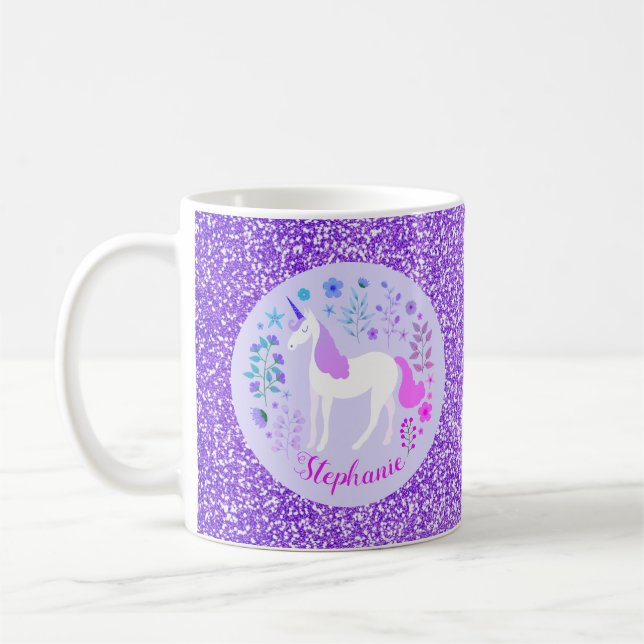Unicorn Lila Glitter Personlig Namn Kaffemugg (Vänster)